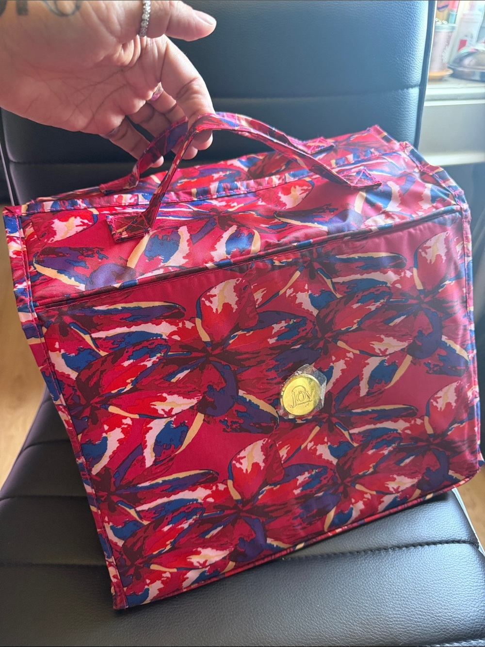Joy Mangano Red Floral Travel Cosmetic Case with Gold Accent